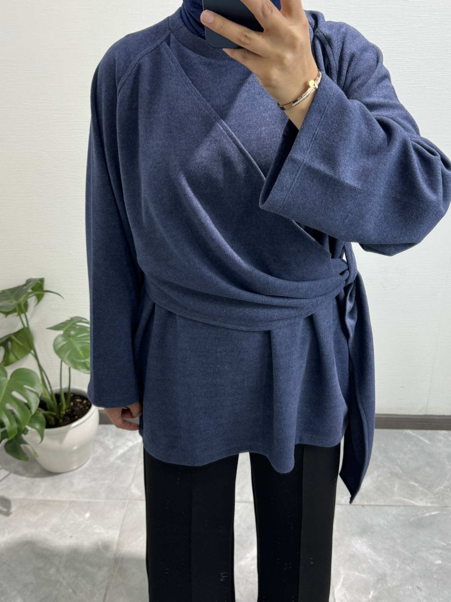 Yandan Şal Detaylı Triko Tunik LACİVERT