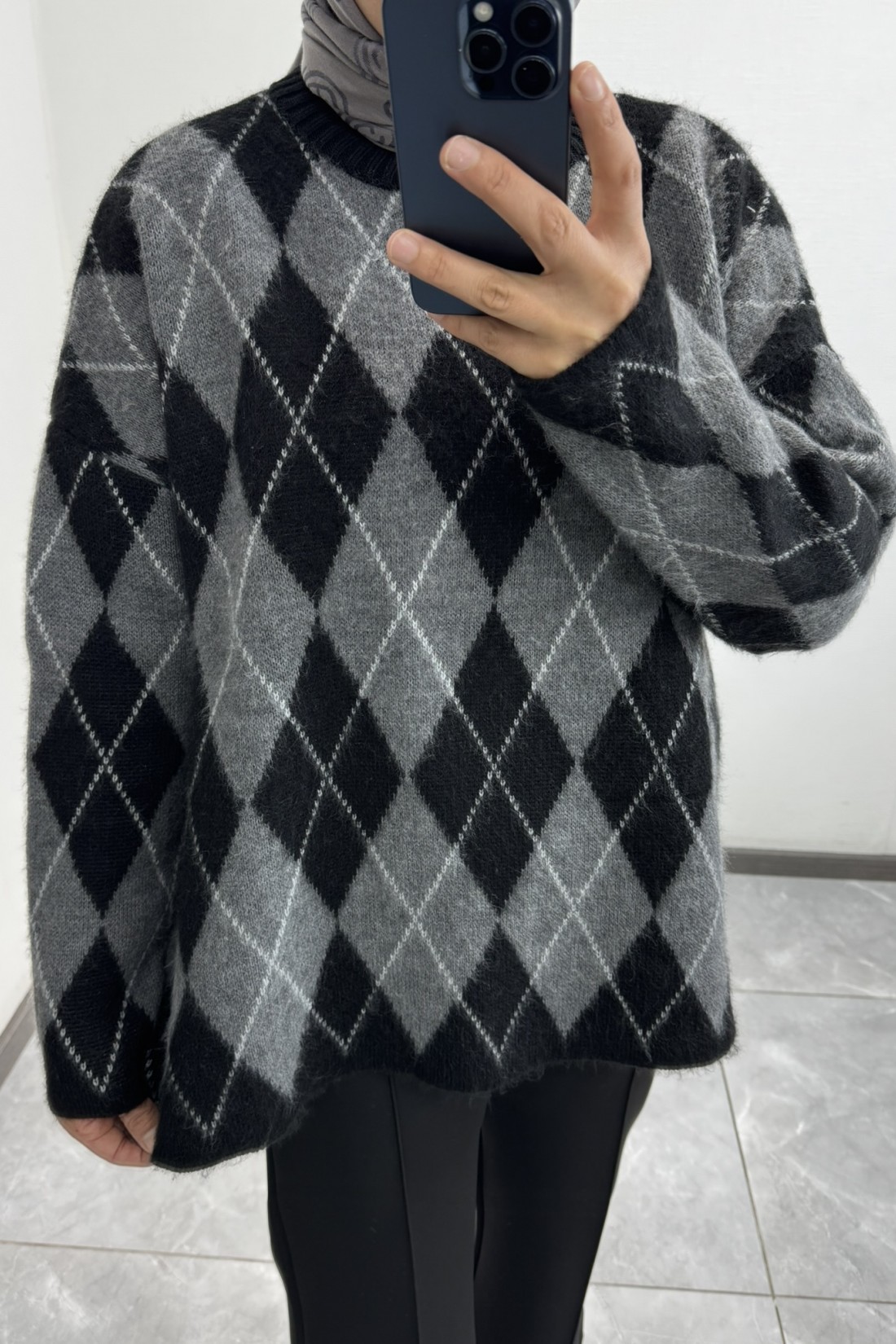 Baklava Desen Triko Kazak Siyah