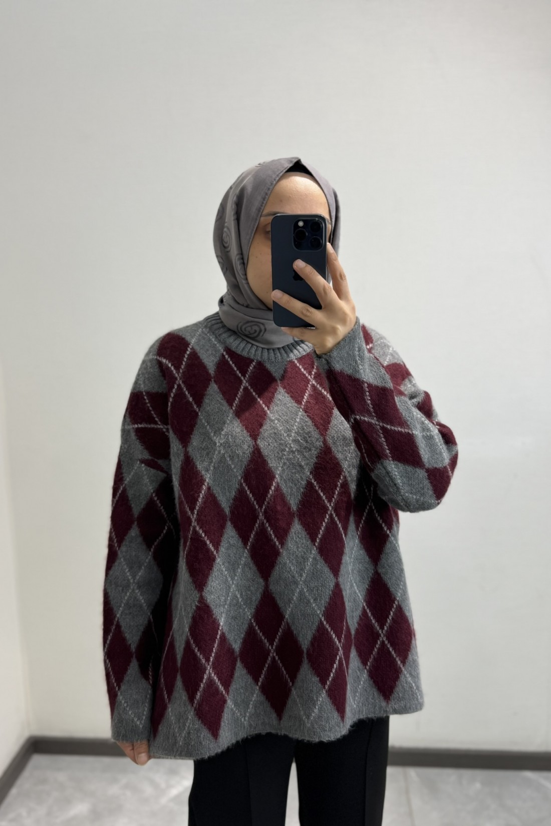 Baklava Desen Triko Kazak Bordo