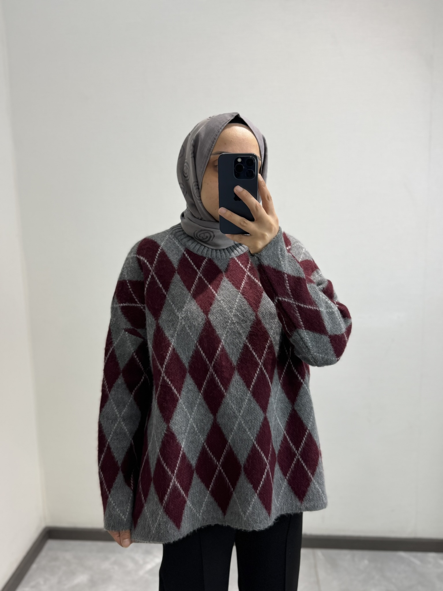 Baklava Desen Triko Kazak Bordo