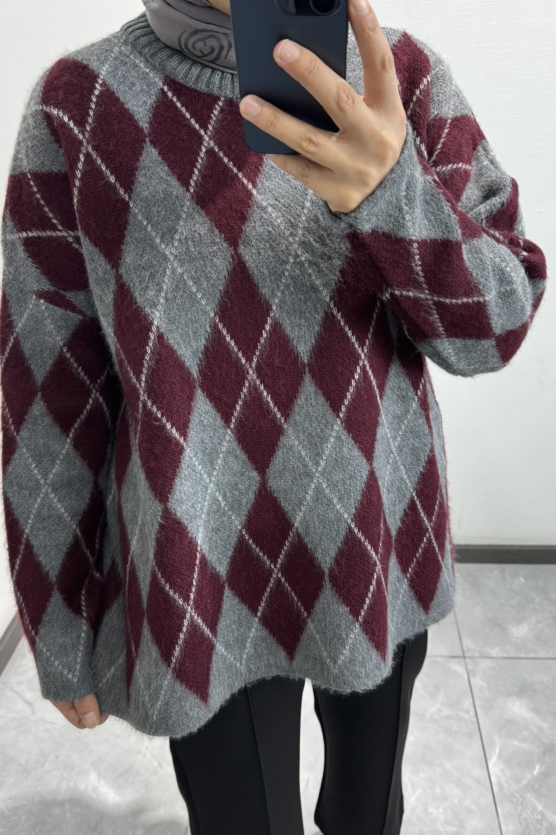 Baklava Desen Triko Kazak Bordo