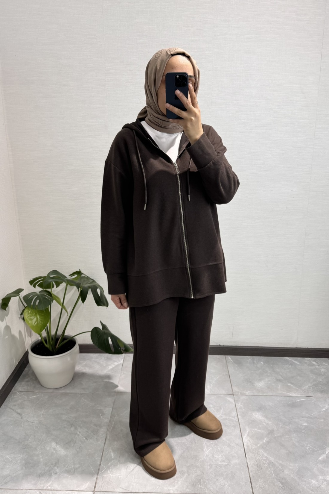 Fermuarlı Kapüşonlu  Pantolon Takım Kahverengi