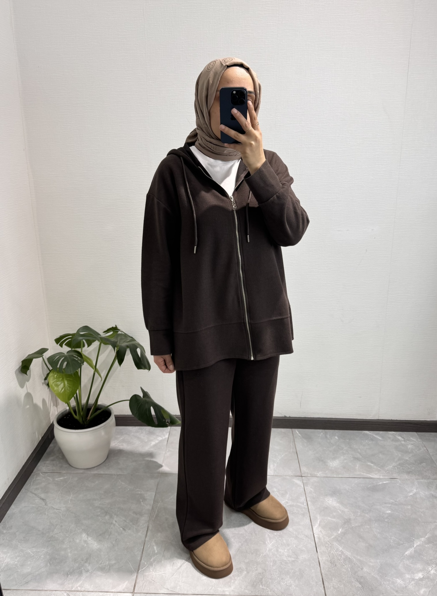 Fermuarlı Kapüşonlu  Pantolon Takım Kahverengi