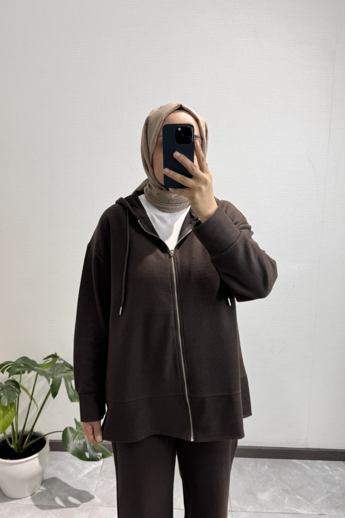 Fermuarlı Kapüşonlu  Pantolon Takım Kahverengi