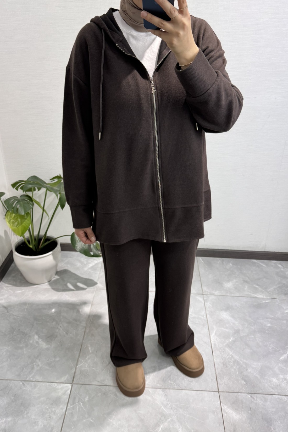 Fermuarlı Kapüşonlu  Pantolon Takım Kahverengi