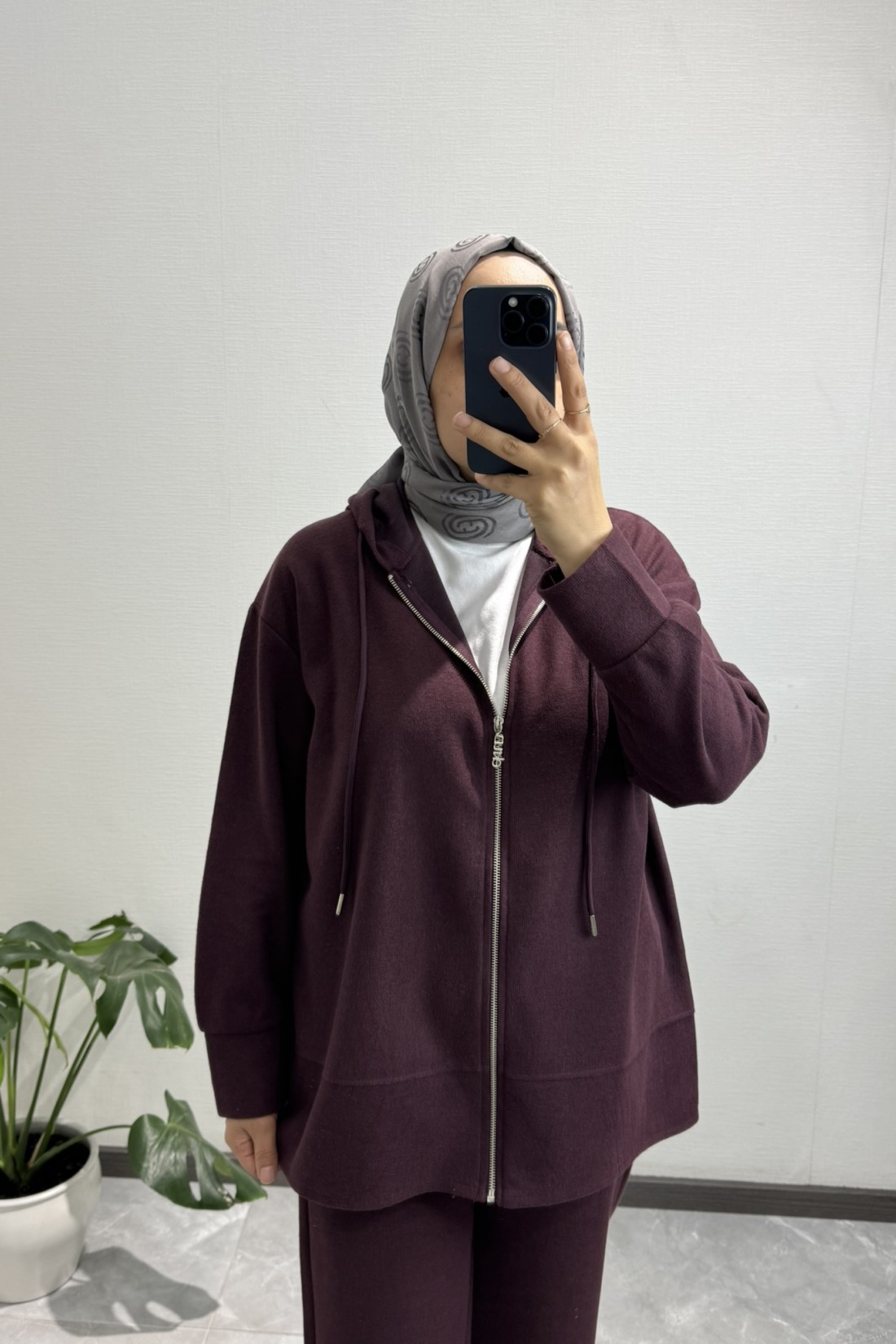 Fermuarlı Kapüşonlu  Pantolon Takım Mürdüm