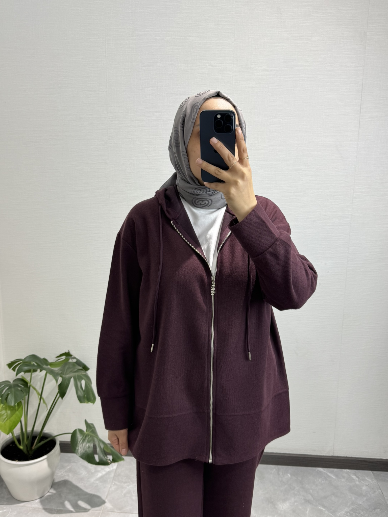 Fermuarlı Kapüşonlu  Pantolon Takım Mürdüm