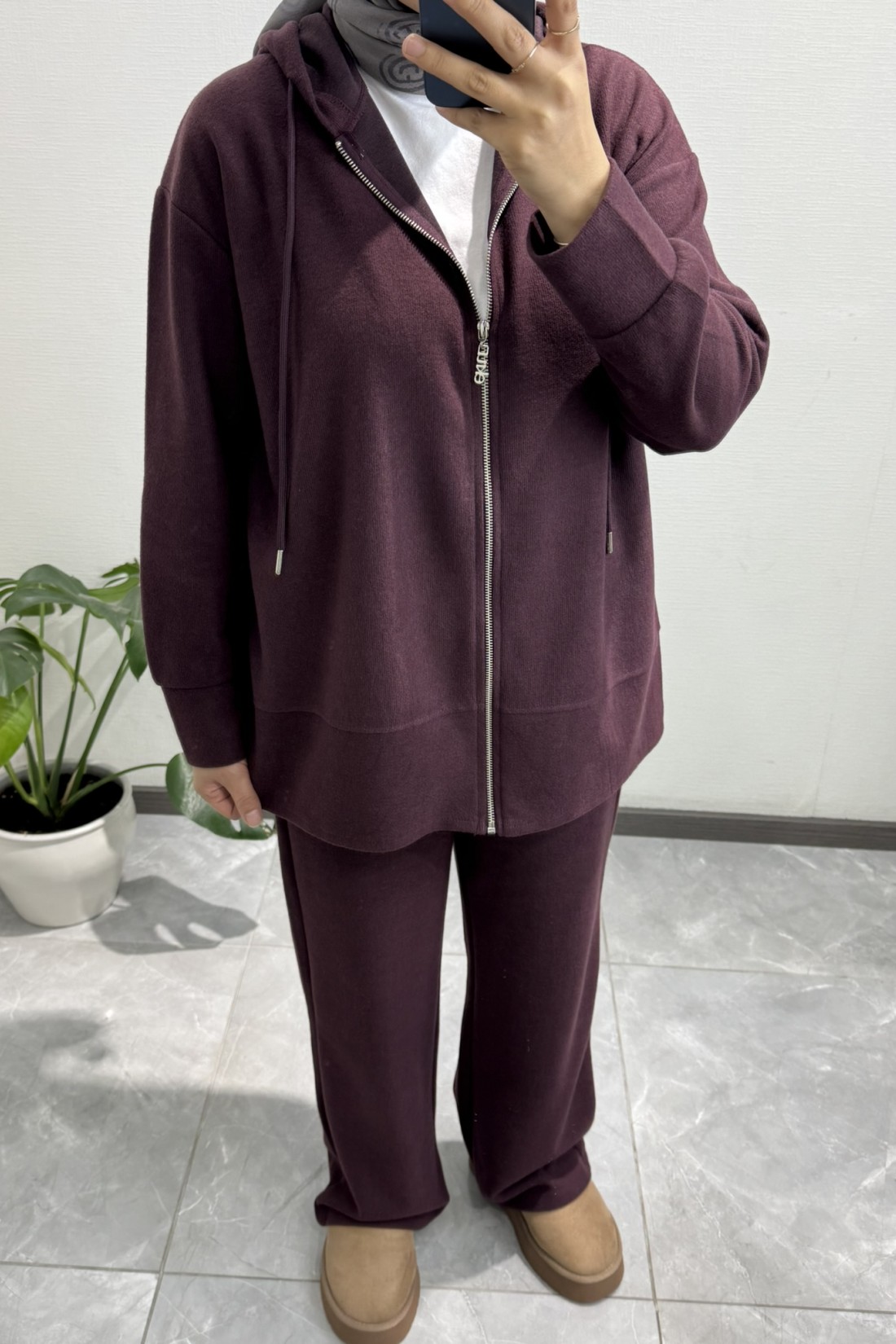 Fermuarlı Kapüşonlu  Pantolon Takım Mürdüm