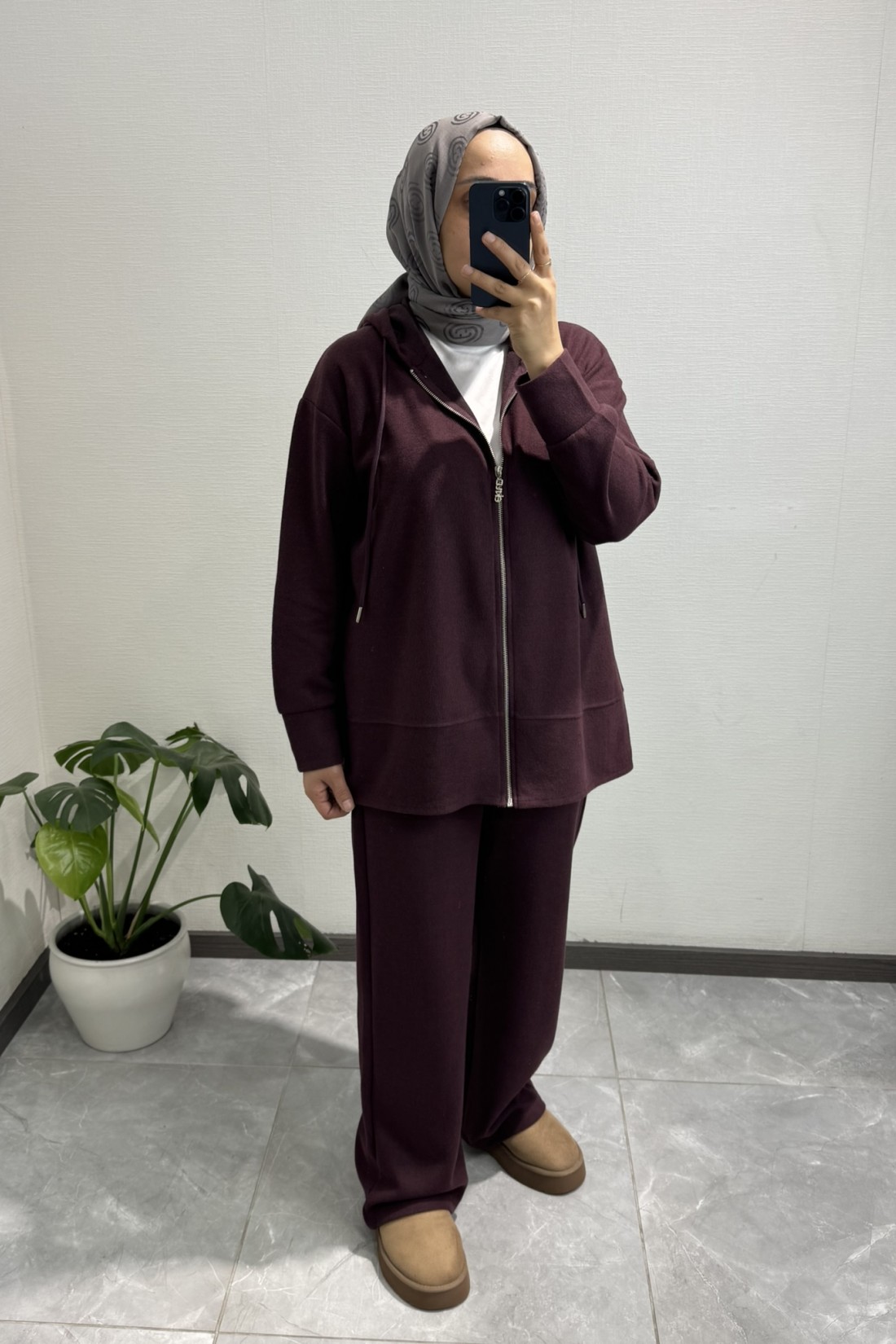 Fermuarlı Kapüşonlu  Pantolon Takım Mürdüm