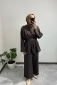 Pile Detaylı Kahve Pantolon Takım 