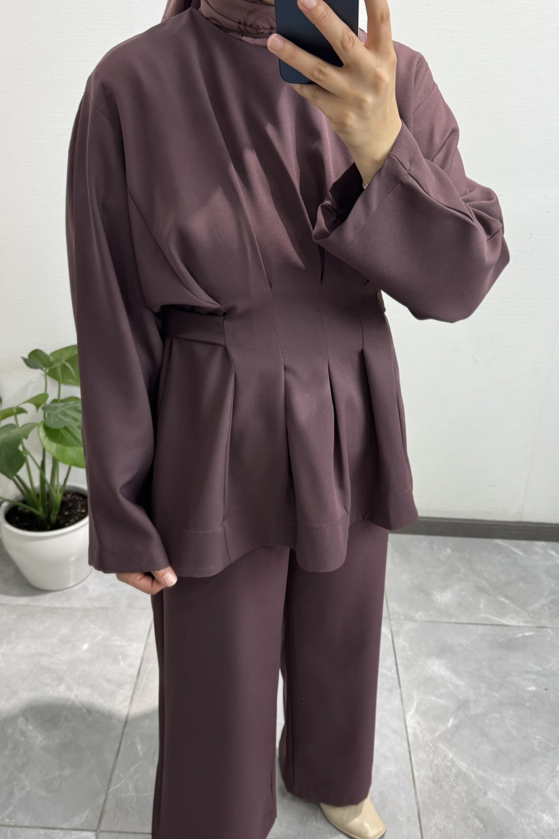 Pile Detaylı Çikolata Pantolon Takım 