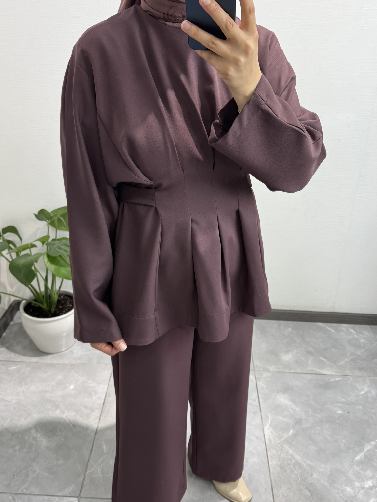 Pile Detaylı Çikolata Pantolon Takım 