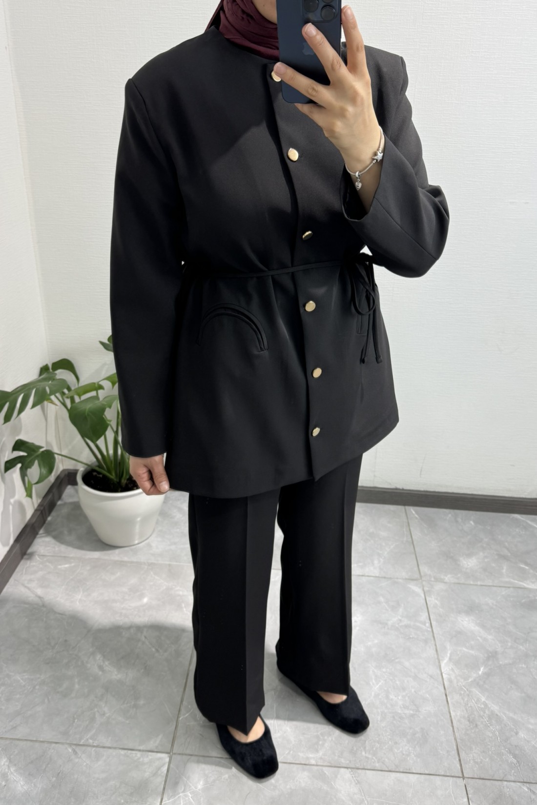 Gold Düğme Detay Siyah Pantolon Takım