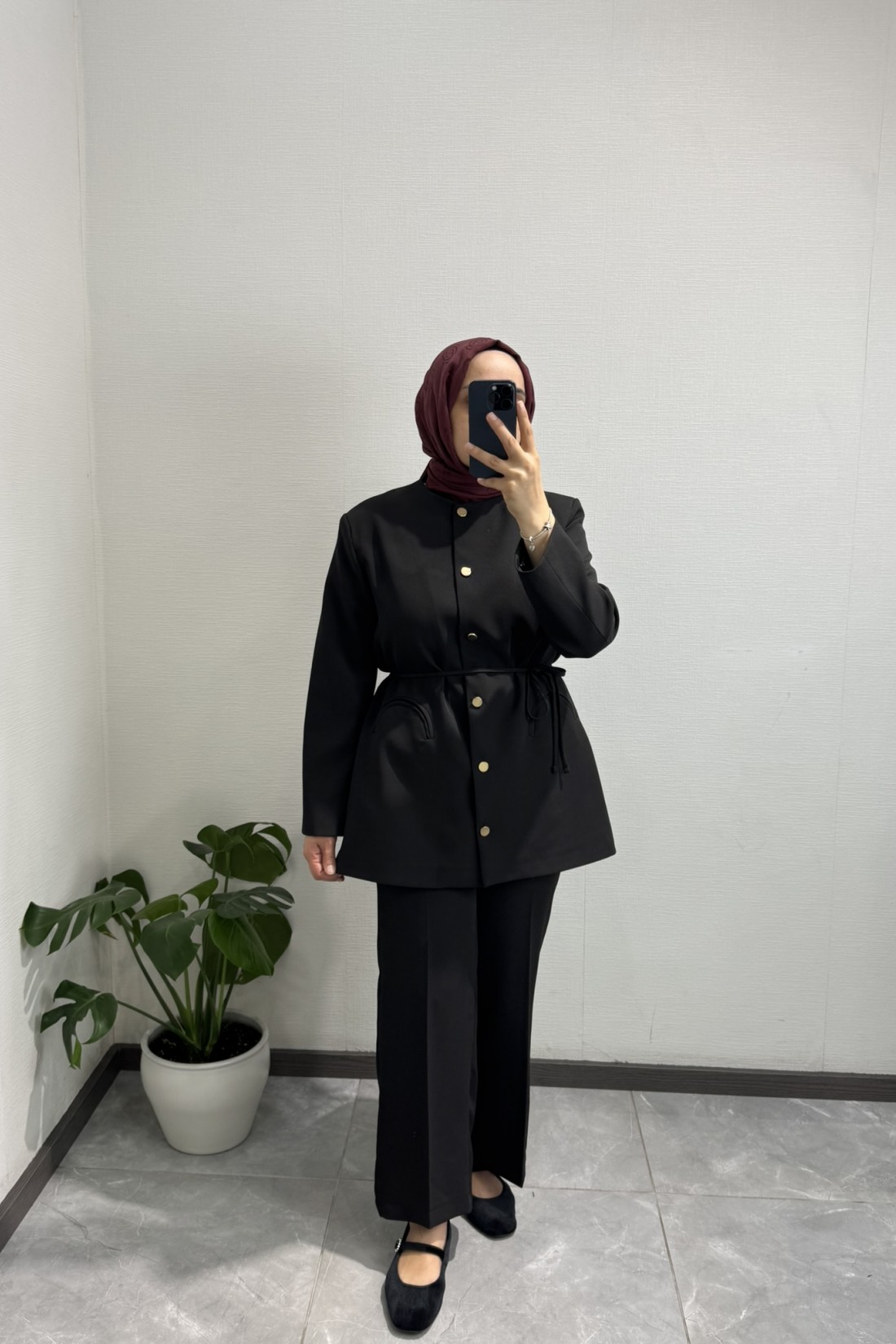 Gold Düğme Detay Siyah Pantolon Takım