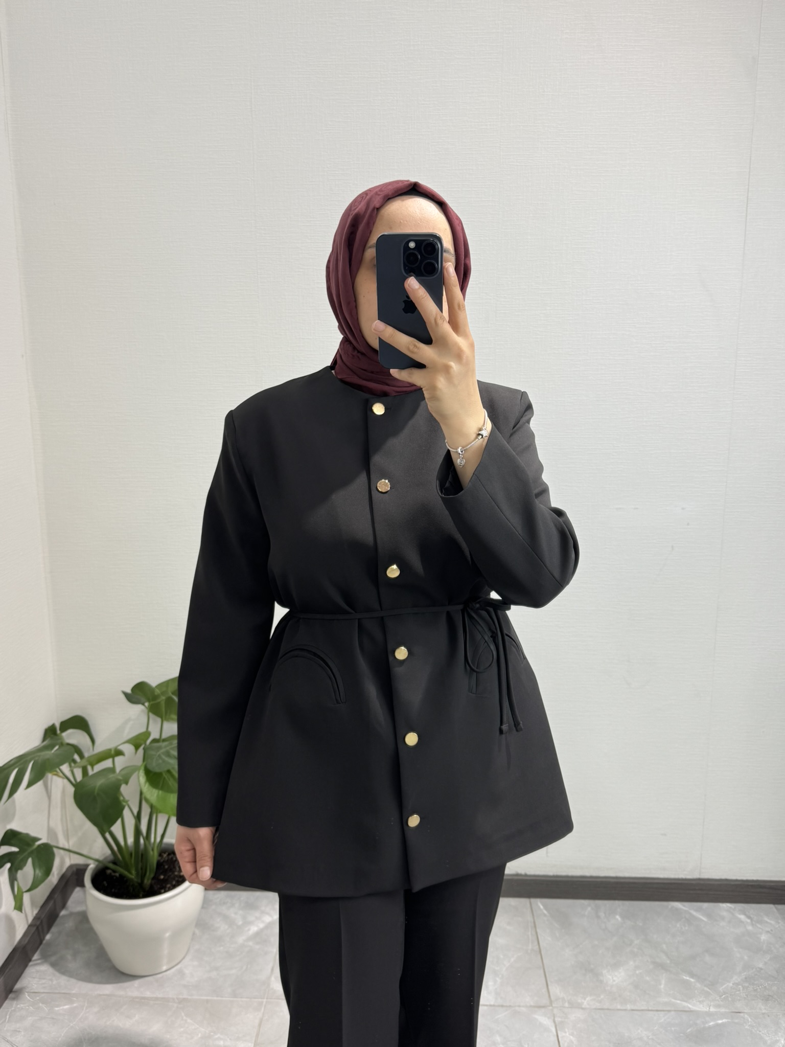 Gold Düğme Detay Siyah Pantolon Takım