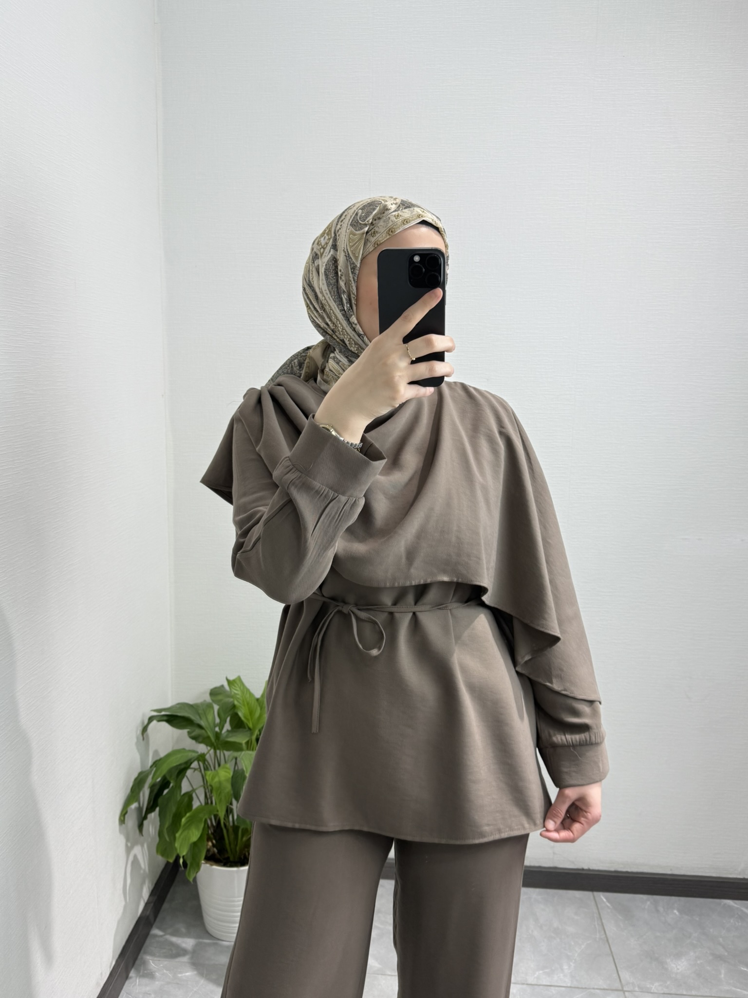 Şal Yaka Bluz Pantolon Takım VİZON