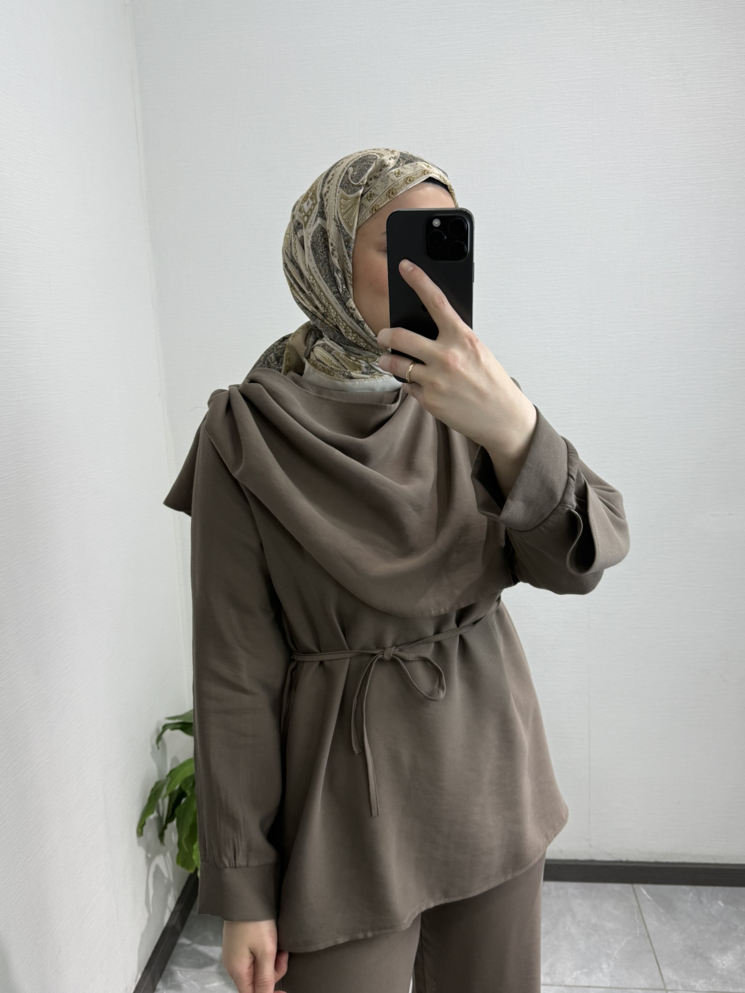 Şal Yaka Bluz Pantolon Takım VİZON